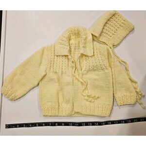 Vintage 1980s Handmade Yellow Knit Baby Cardigan Sweater & Bonnet, Size 12 M